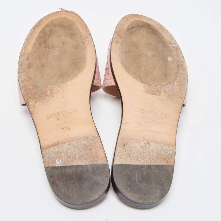 Pre Owned Jimmy Choo Pink Croc Embossed Leather Minea Flat Slides Size 38.5