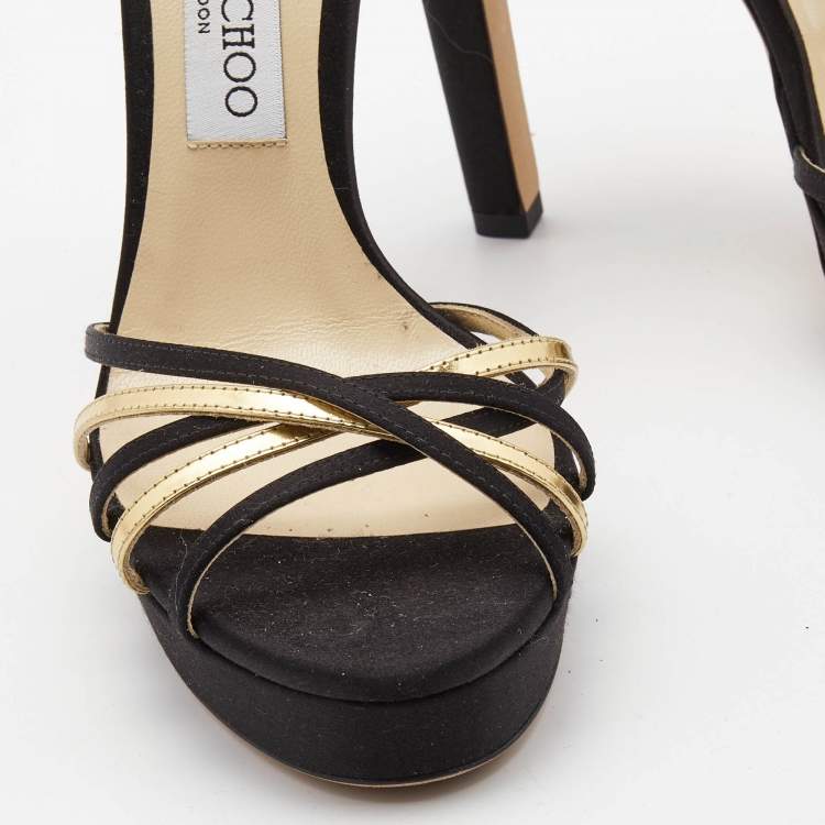 Pre Owned Jimmy Choo Black/Gold Leather and Satin Ankle Strap Platform Sandals Size 39