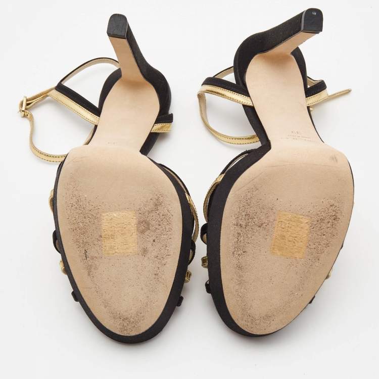 Pre Owned Jimmy Choo Black/Gold Leather and Satin Ankle Strap Platform Sandals Size 39