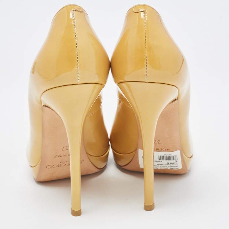 Pre Owned Jimmy Choo Yellow Patent Leather Quiet Peep Toe Pumps Size 37