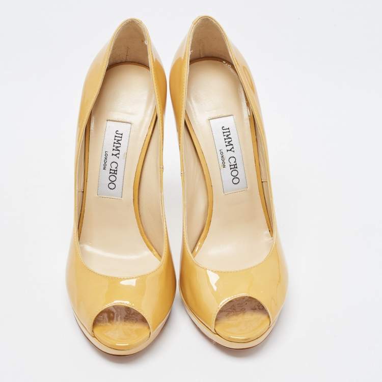 Pre Owned Jimmy Choo Yellow Patent Leather Quiet Peep Toe Pumps Size 37