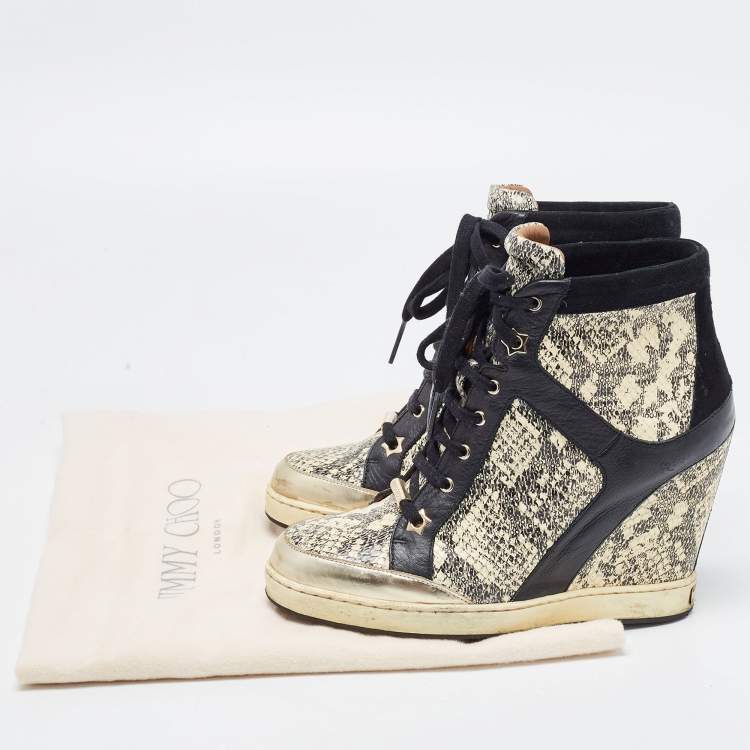 Pre Owned Jimmy Choo Cream/Black Python Embossed And Leather  Wedge Sneakers Size 38