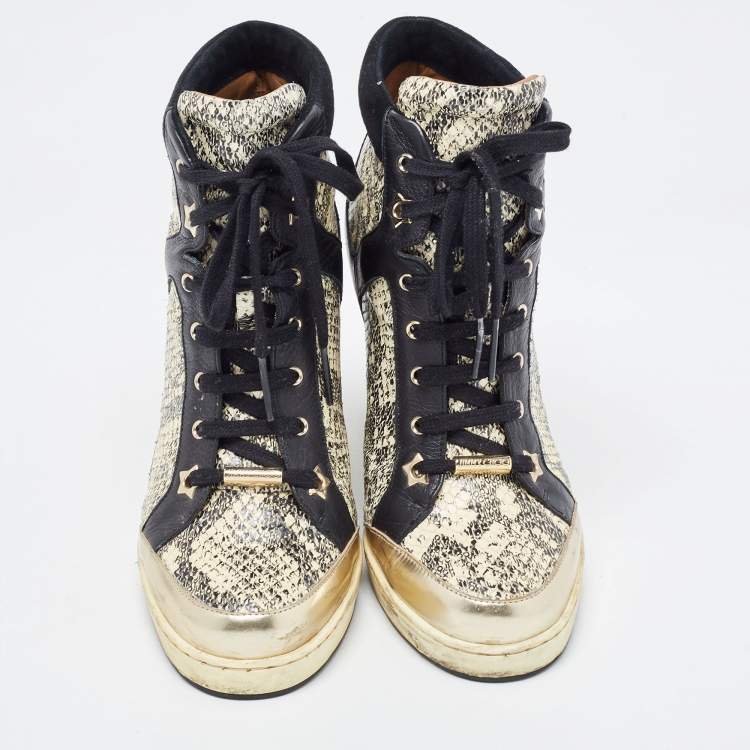 Pre Owned Jimmy Choo Cream/Black Python Embossed And Leather  Wedge Sneakers Size 38