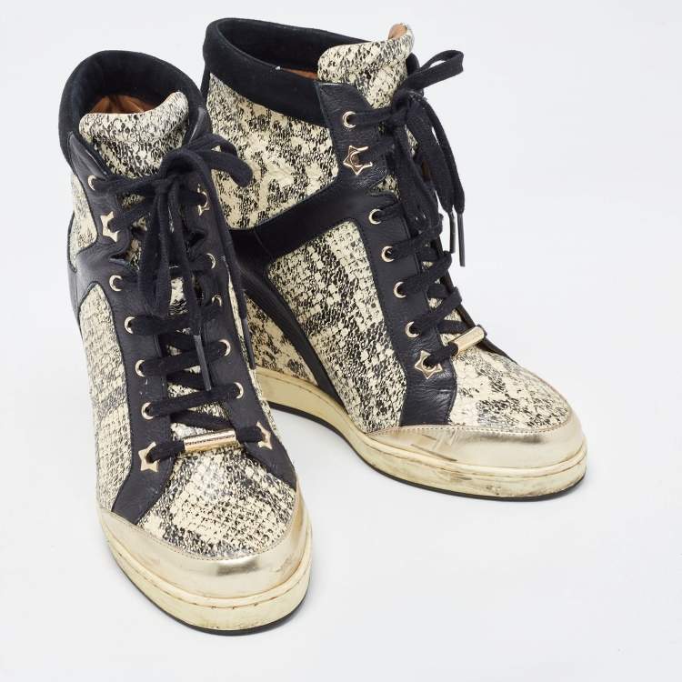 Pre Owned Jimmy Choo Cream/Black Python Embossed And Leather  Wedge Sneakers Size 38