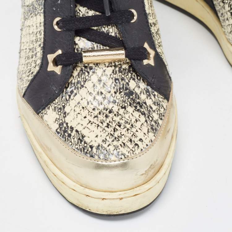Pre Owned Jimmy Choo Cream/Black Python Embossed And Leather  Wedge Sneakers Size 38