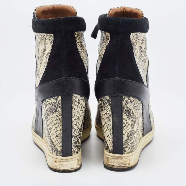 Pre Owned Jimmy Choo Cream/Black Python Embossed And Leather  Wedge Sneakers Size 38