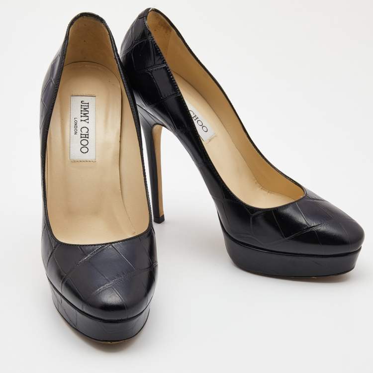 Pre Owned Jimmy Choo Black Croc Embossed Leather Cosmic Platform Pumps Size 38