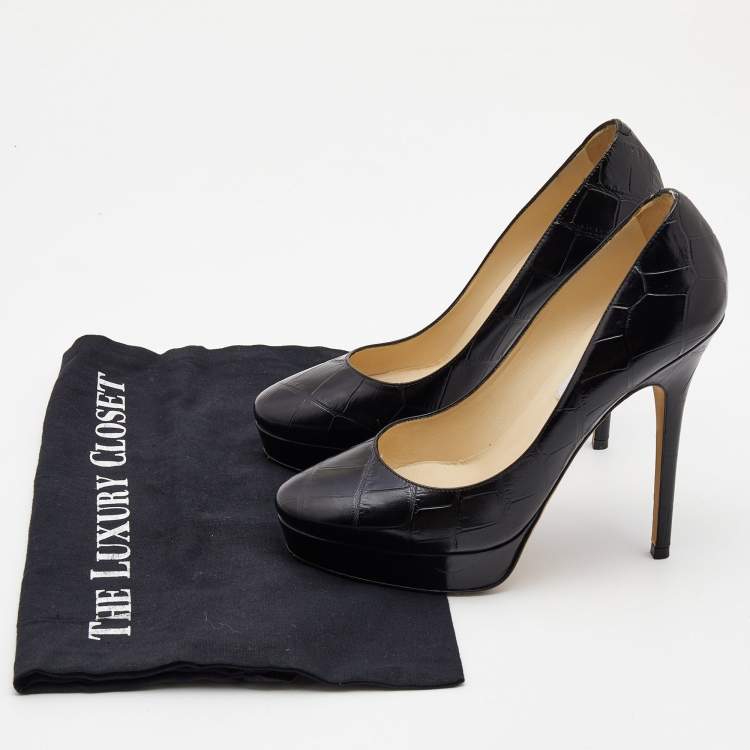 Pre Owned Jimmy Choo Black Croc Embossed Leather Cosmic Platform Pumps Size 38
