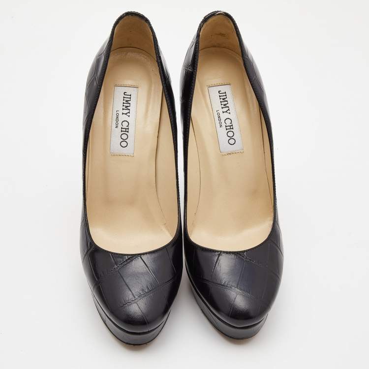 Pre Owned Jimmy Choo Black Croc Embossed Leather Cosmic Platform Pumps Size 38
