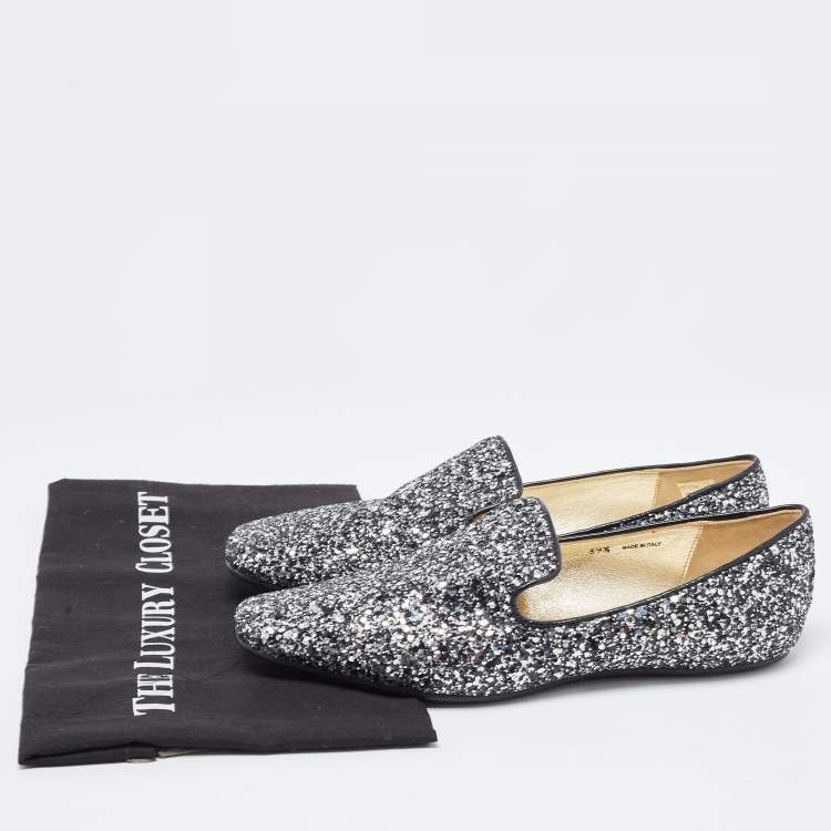 Pre Owned Jimmy Choo Black/Silver Coarse Glitter Wheel Smoking Slippers Size 39.5