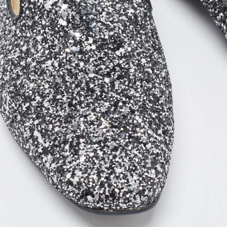 Pre Owned Jimmy Choo Black/Silver Coarse Glitter Wheel Smoking Slippers Size 39.5