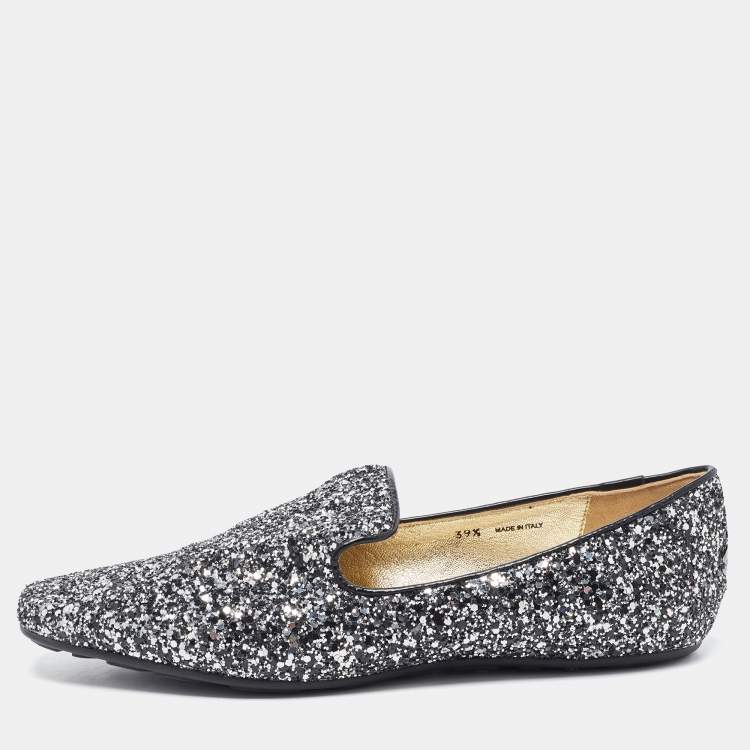 Jimmy Choo Black Silver Coarse Glitter Wheel Smoking Slippers Size