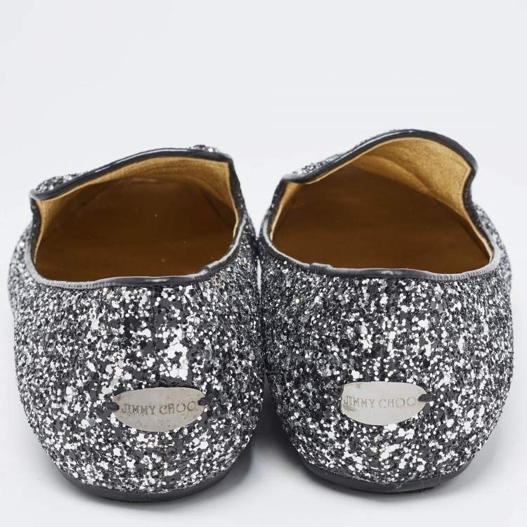 Pre Owned Jimmy Choo Black/Silver Coarse Glitter Wheel Smoking Slippers Size 39.5