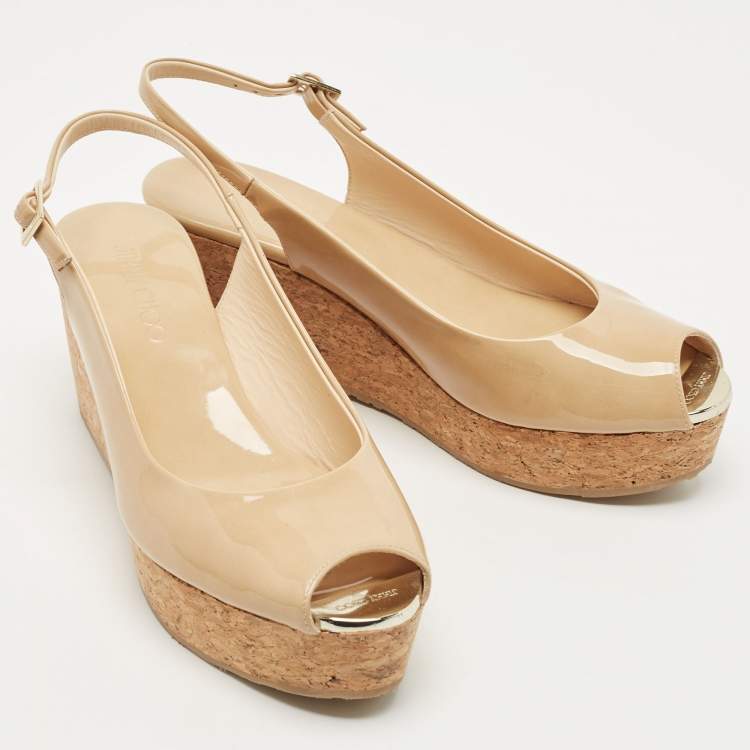 Pre Owned Jimmy Choo Beige Patent Leather Cork Wedge Sandals Size 40.5
