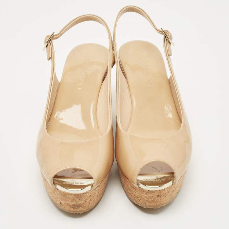 Pre Owned Jimmy Choo Beige Patent Leather Cork Wedge Sandals Size 40.5