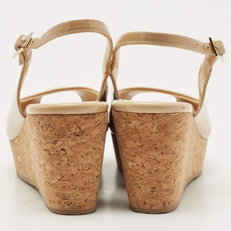 Pre Owned Jimmy Choo Beige Patent Leather Cork Wedge Sandals Size 40.5