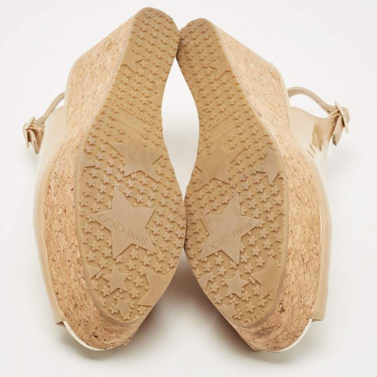 Pre Owned Jimmy Choo Beige Patent Leather Cork Wedge Sandals Size 40.5