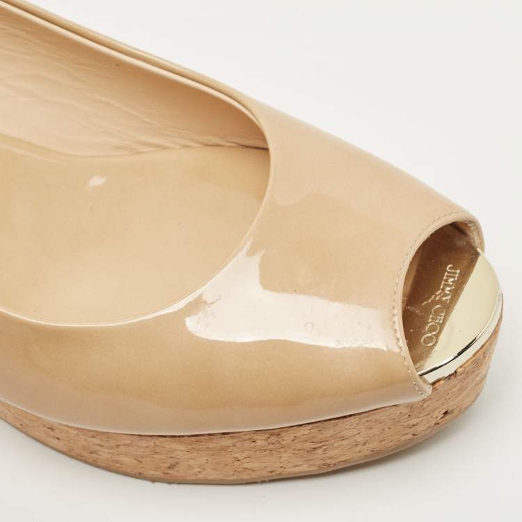 Pre Owned Jimmy Choo Beige Patent Leather Cork Wedge Sandals Size 40.5