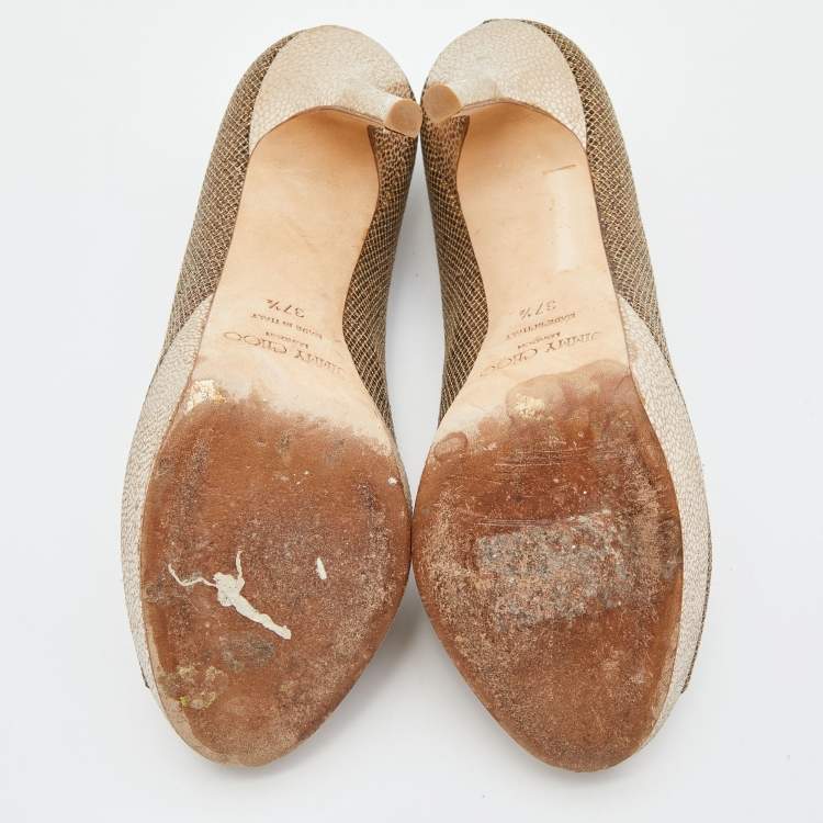 Pre Owned Jimmy Choo Gold Glitter Lamè Fabric Dahlia Platform Peep Toe Pumps Size 37.5