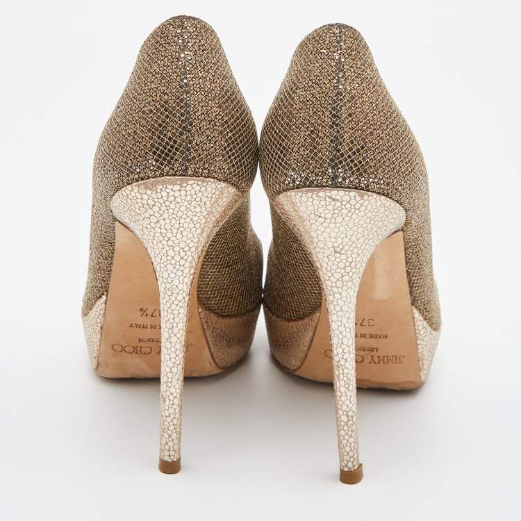 Pre Owned Jimmy Choo Gold Glitter Lamè Fabric Dahlia Platform Peep Toe Pumps Size 37.5