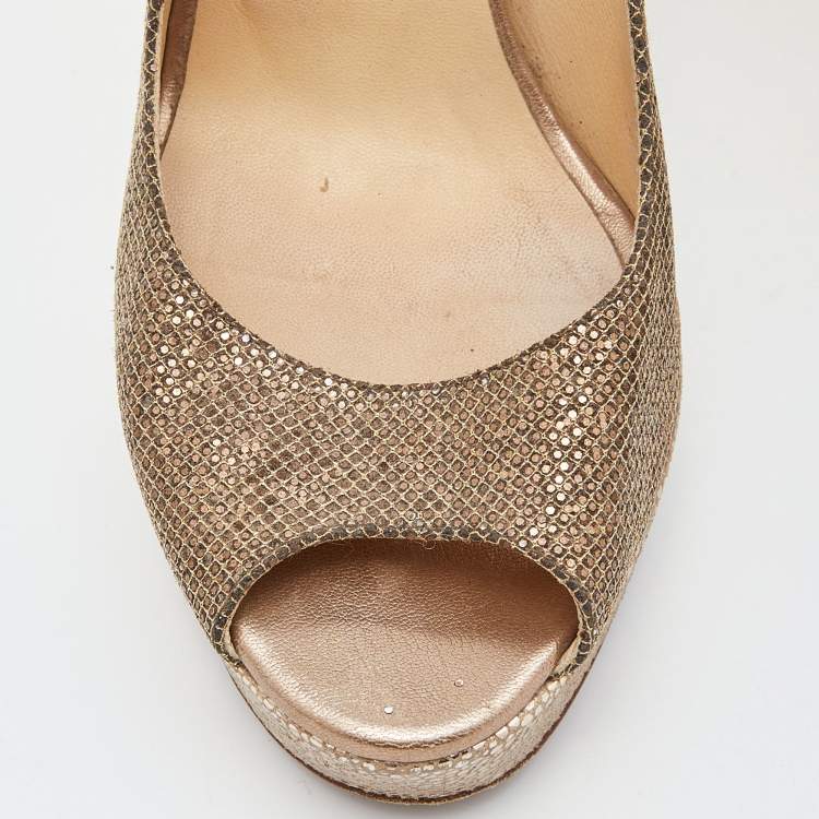 Pre Owned Jimmy Choo Gold Glitter Lamè Fabric Dahlia Platform Peep Toe Pumps Size 37.5