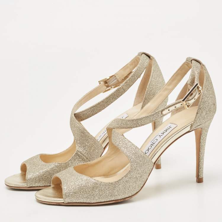 Pre Owned Jimmy Choo Gold Glitter Emily Cross Strap Sandals Size 38