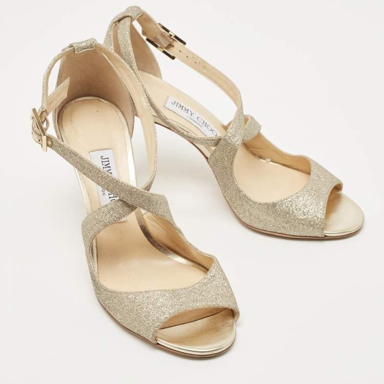 Pre Owned Jimmy Choo Gold Glitter Emily Cross Strap Sandals Size 38