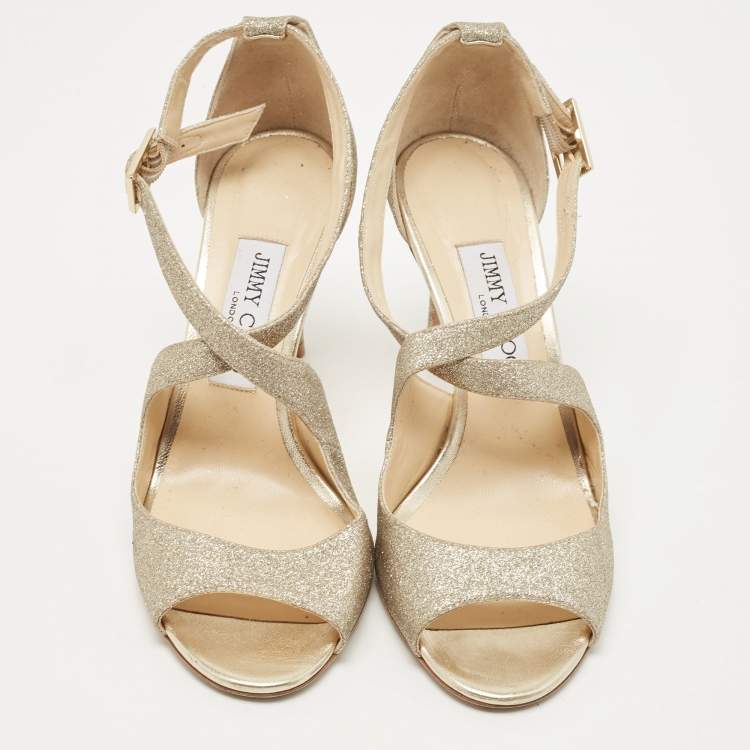 Pre Owned Jimmy Choo Gold Glitter Emily Cross Strap Sandals Size 38
