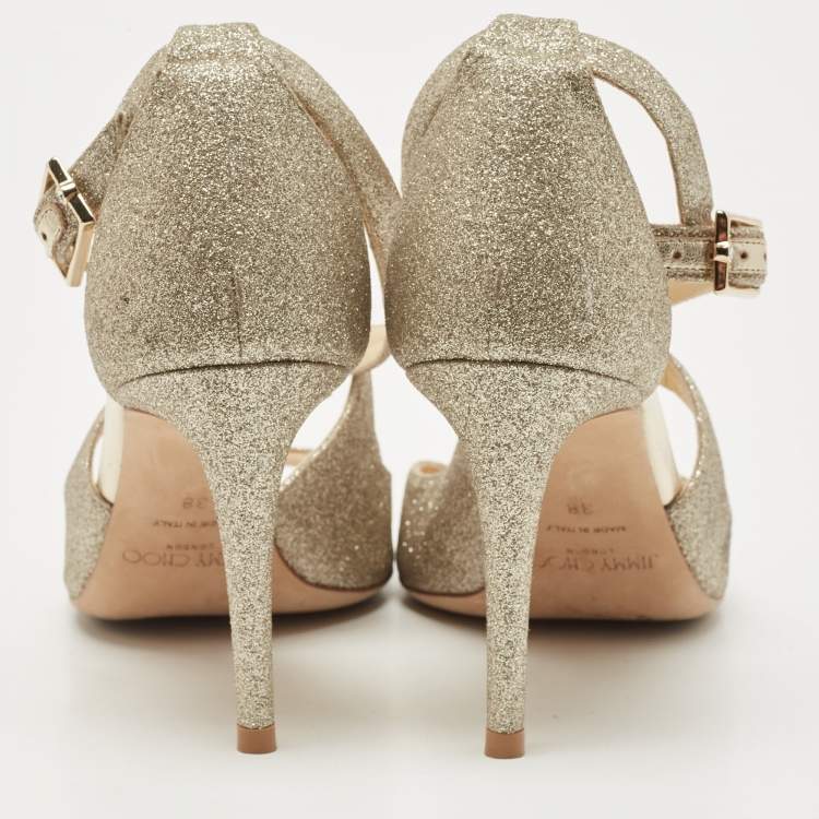 Pre Owned Jimmy Choo Gold Glitter Emily Cross Strap Sandals Size 38