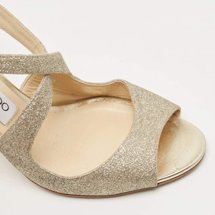 Pre Owned Jimmy Choo Gold Glitter Emily Cross Strap Sandals Size 38