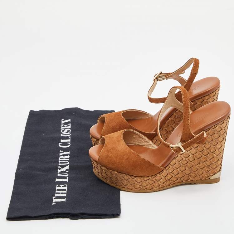 Pre Owned Jimmy Choo Brown Suede Cork Wedge Ankle Strap Sandals Size 36