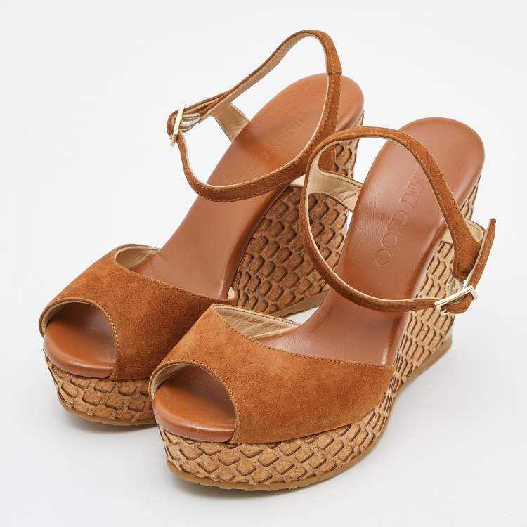 Pre Owned Jimmy Choo Brown Suede Cork Wedge Ankle Strap Sandals Size 36