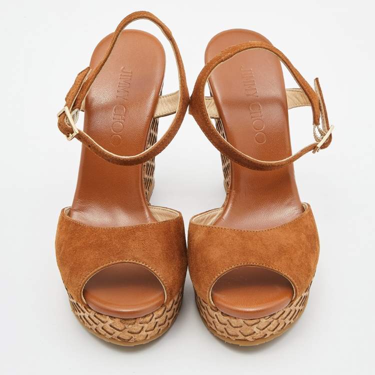 Pre Owned Jimmy Choo Brown Suede Cork Wedge Ankle Strap Sandals Size 36