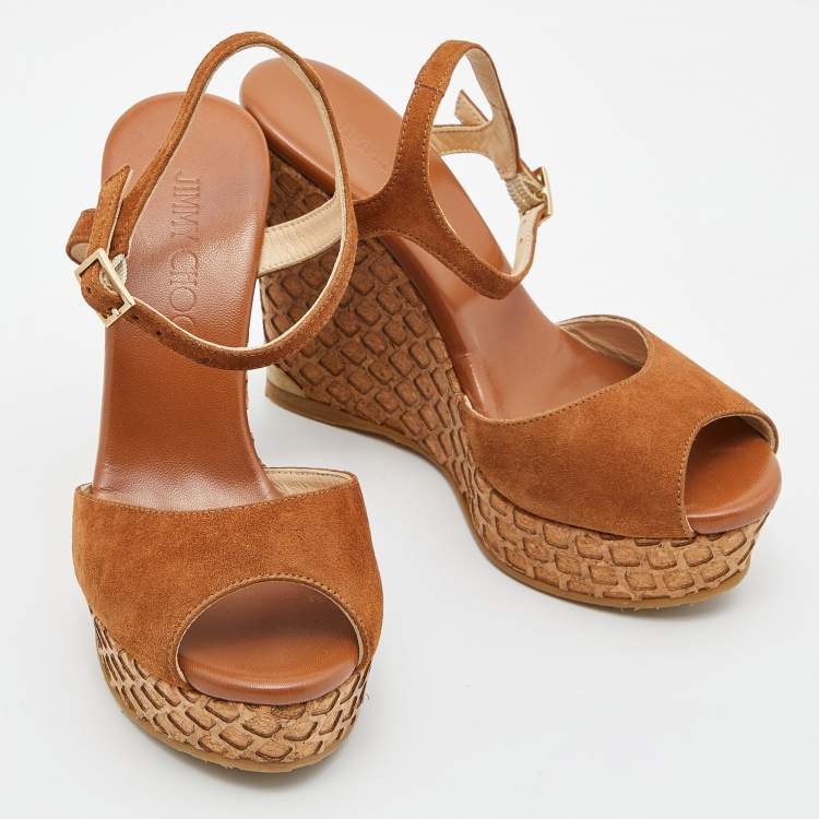 Pre Owned Jimmy Choo Brown Suede Cork Wedge Ankle Strap Sandals Size 36