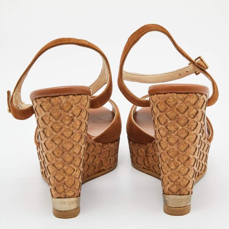 Pre Owned Jimmy Choo Brown Suede Cork Wedge Ankle Strap Sandals Size 36