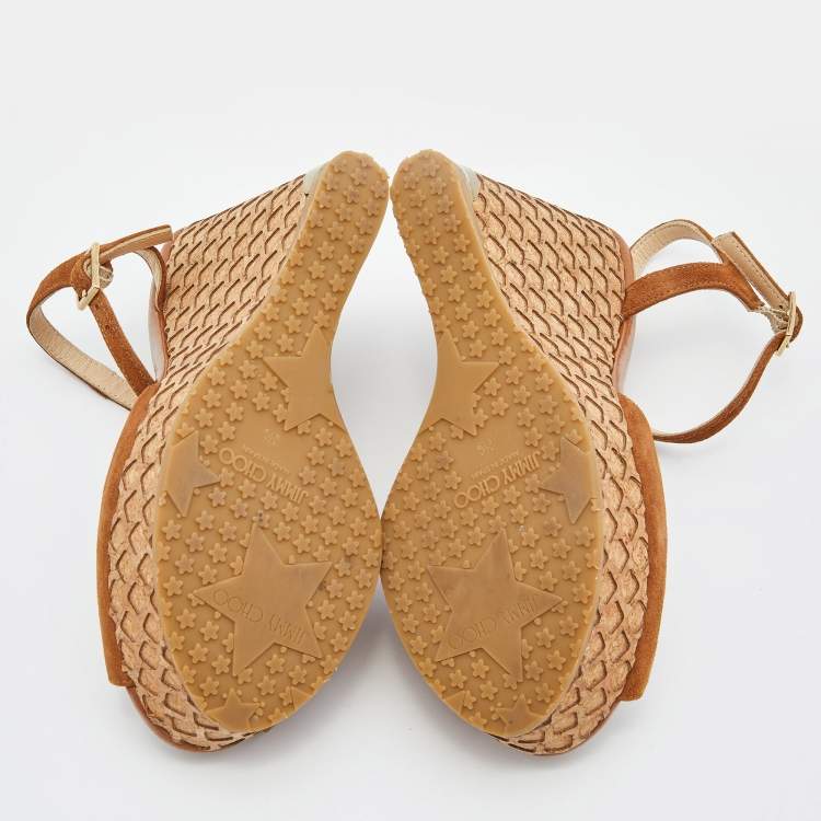 Pre Owned Jimmy Choo Brown Suede Cork Wedge Ankle Strap Sandals Size 36