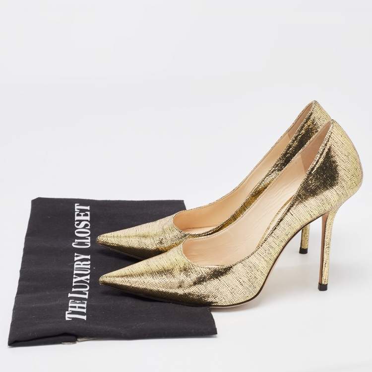 Pre Owned Jimmy Choo Gold Laminated Suede Love Pumps Size 38.5