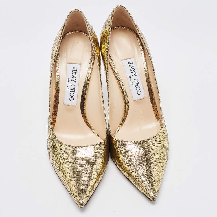 Pre Owned Jimmy Choo Gold Laminated Suede Love Pumps Size 38.5