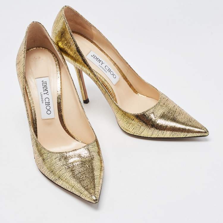 Pre Owned Jimmy Choo Gold Laminated Suede Love Pumps Size 38.5