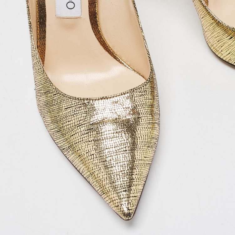 Pre Owned Jimmy Choo Gold Laminated Suede Love Pumps Size 38.5