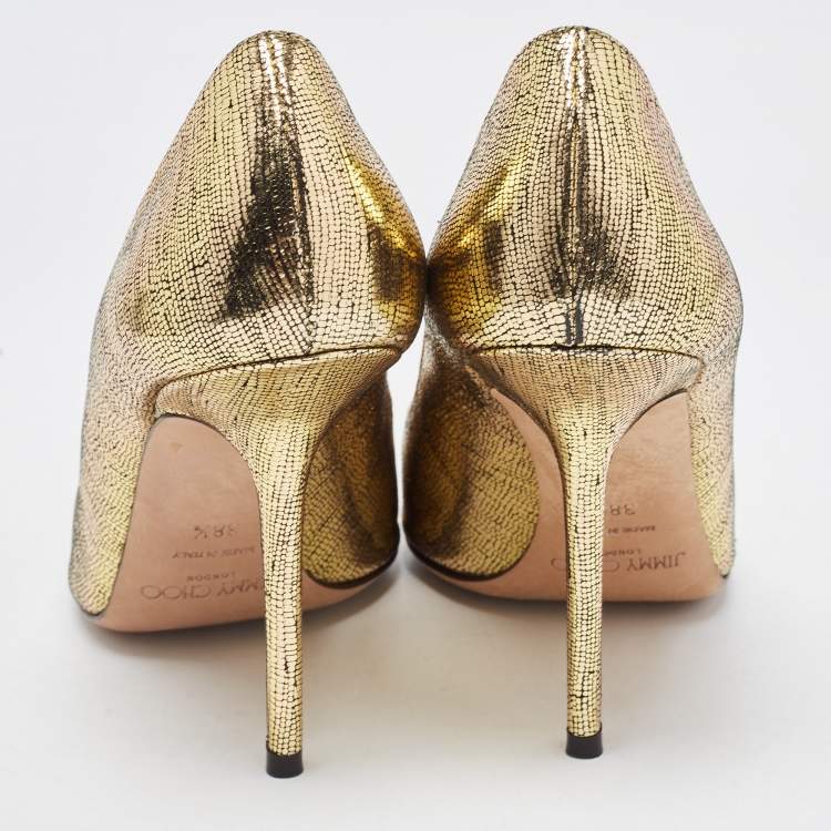 Pre Owned Jimmy Choo Gold Laminated Suede Love Pumps Size 38.5