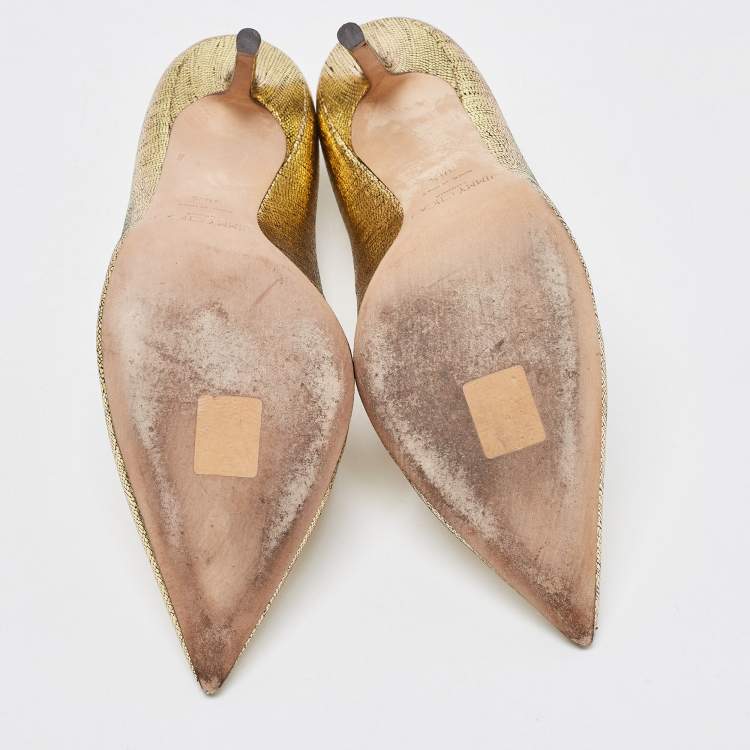 Pre Owned Jimmy Choo Gold Laminated Suede Love Pumps Size 38.5
