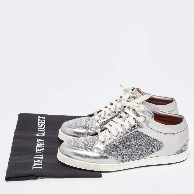 Pre Owned Jimmy Choo Silver Leather and Lurex Fabric Miami Sneakers Size 38.5