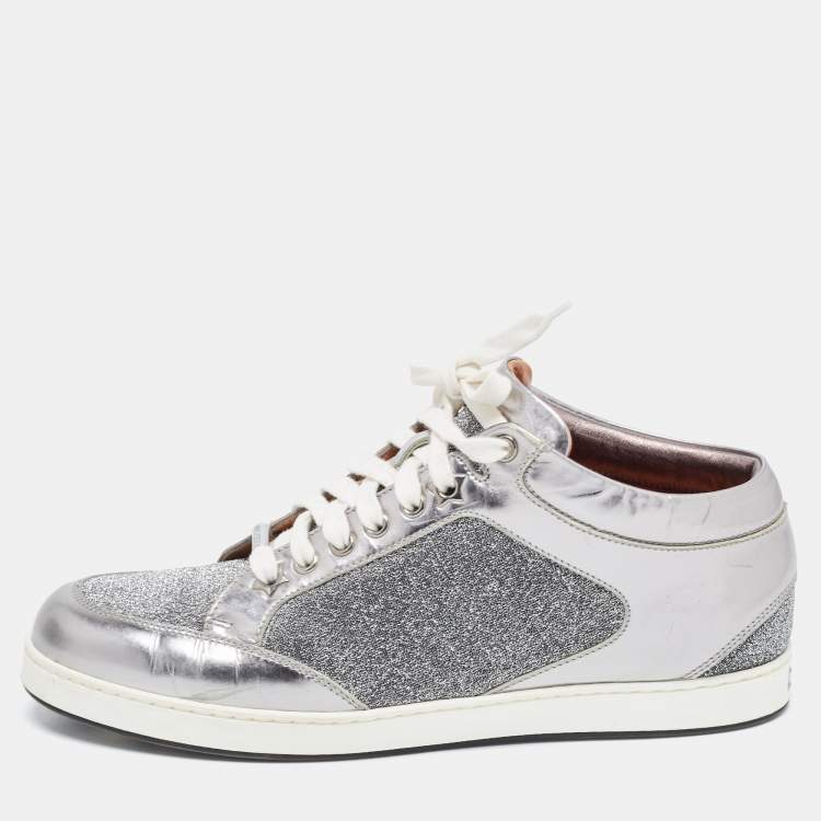 Pre Owned Jimmy Choo Silver Leather and Lurex Fabric Miami Sneakers Size 38.5