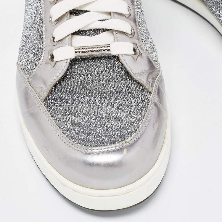 Pre Owned Jimmy Choo Silver Leather and Lurex Fabric Miami Sneakers Size 38.5