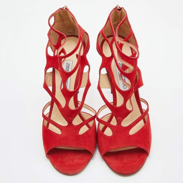 Pre Owned Jimmy Choo Red Suede Ren Cut Out Peep Toe Sandals Size 42