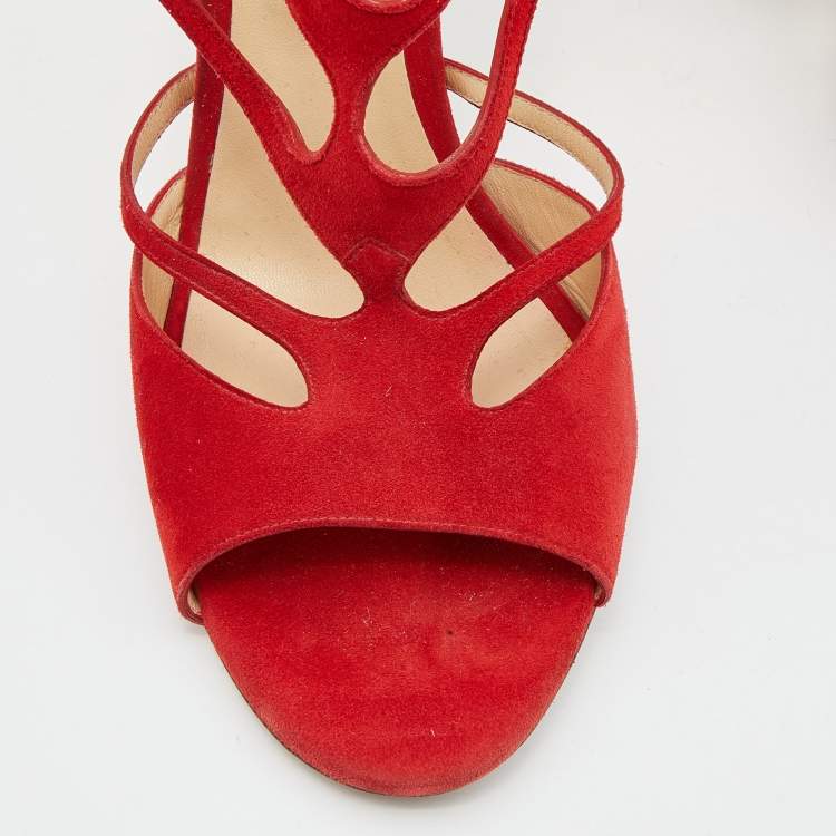 Pre Owned Jimmy Choo Red Suede Ren Cut Out Peep Toe Sandals Size 42