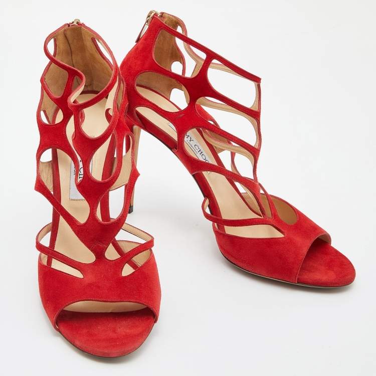 Pre Owned Jimmy Choo Red Suede Ren Cut Out Peep Toe Sandals Size 42
