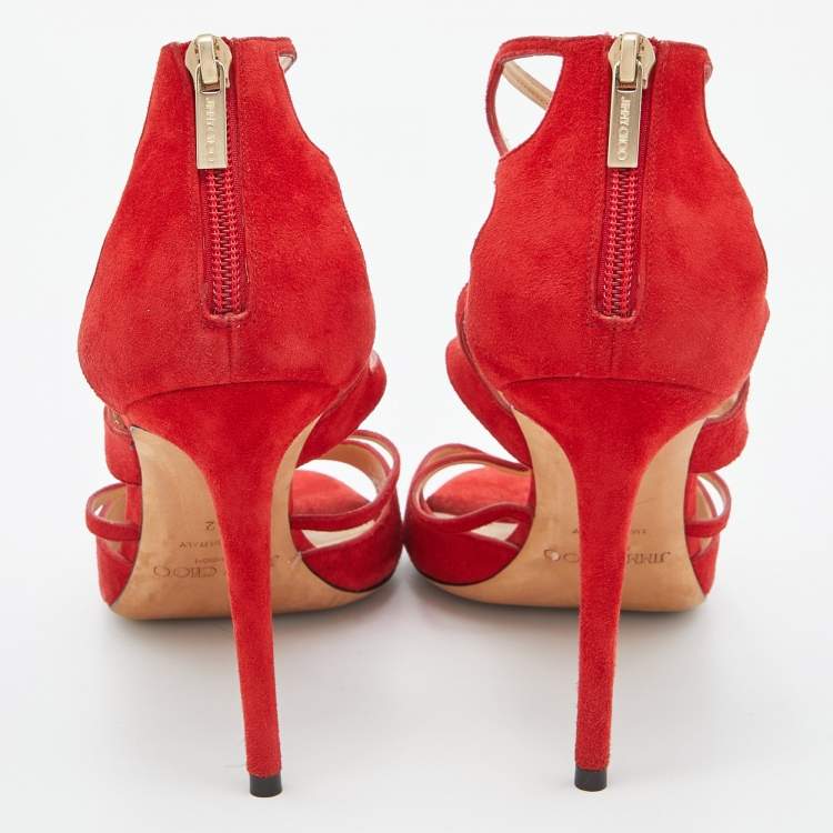 Pre Owned Jimmy Choo Red Suede Ren Cut Out Peep Toe Sandals Size 42