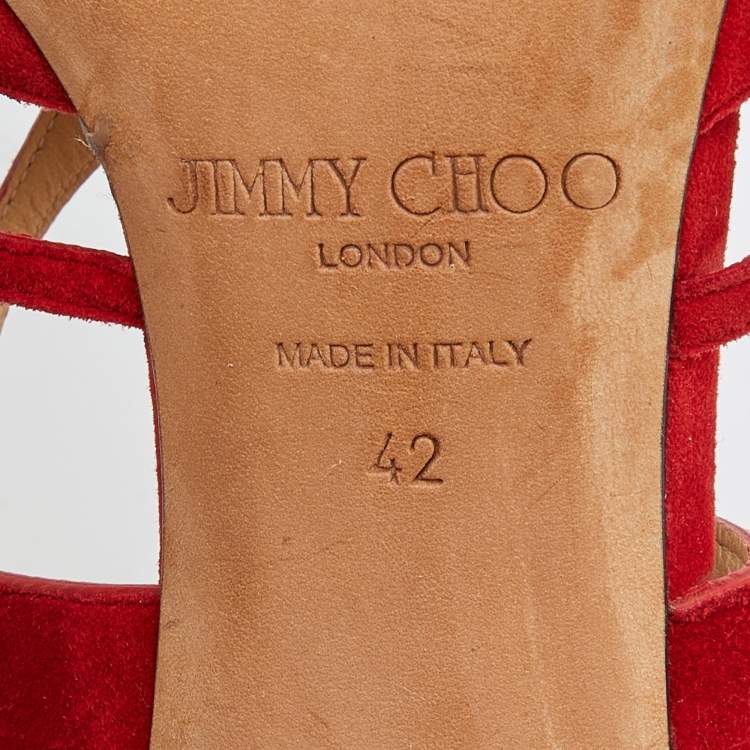 Pre Owned Jimmy Choo Red Suede Ren Cut Out Peep Toe Sandals Size 42